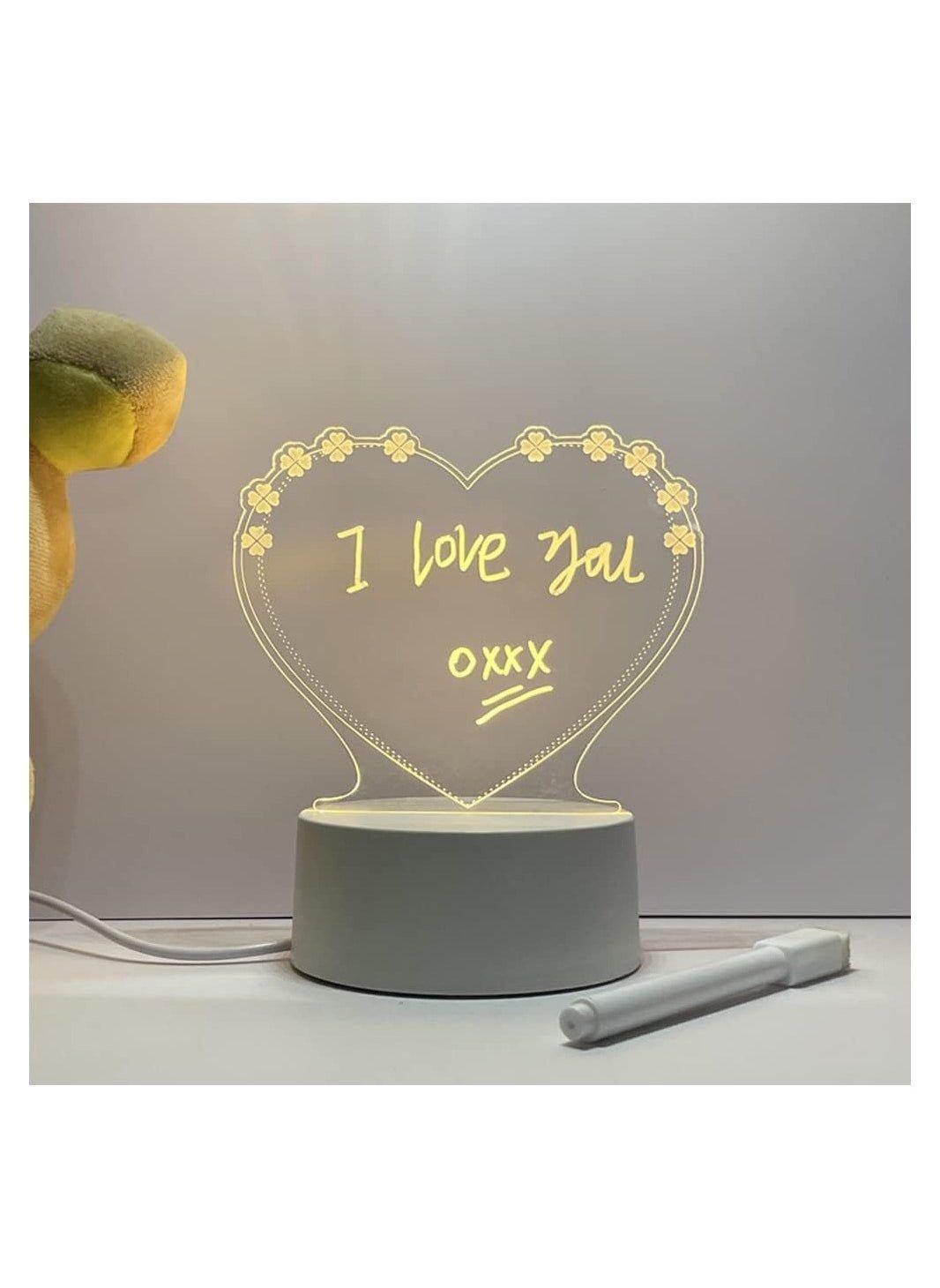 3D Acrylic LED Night Light with Warm Glow- Heart Message Board Design, USB Powered, Includes Pen - Perfect for Bedroom Decor & Gifts l Perfect gift for valentine (Heart)