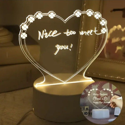 3D Acrylic LED Night Light with Warm Glow- Heart Message Board Design, USB Powered, Includes Pen - Perfect for Bedroom Decor & Gifts l Perfect gift for valentine (Heart)